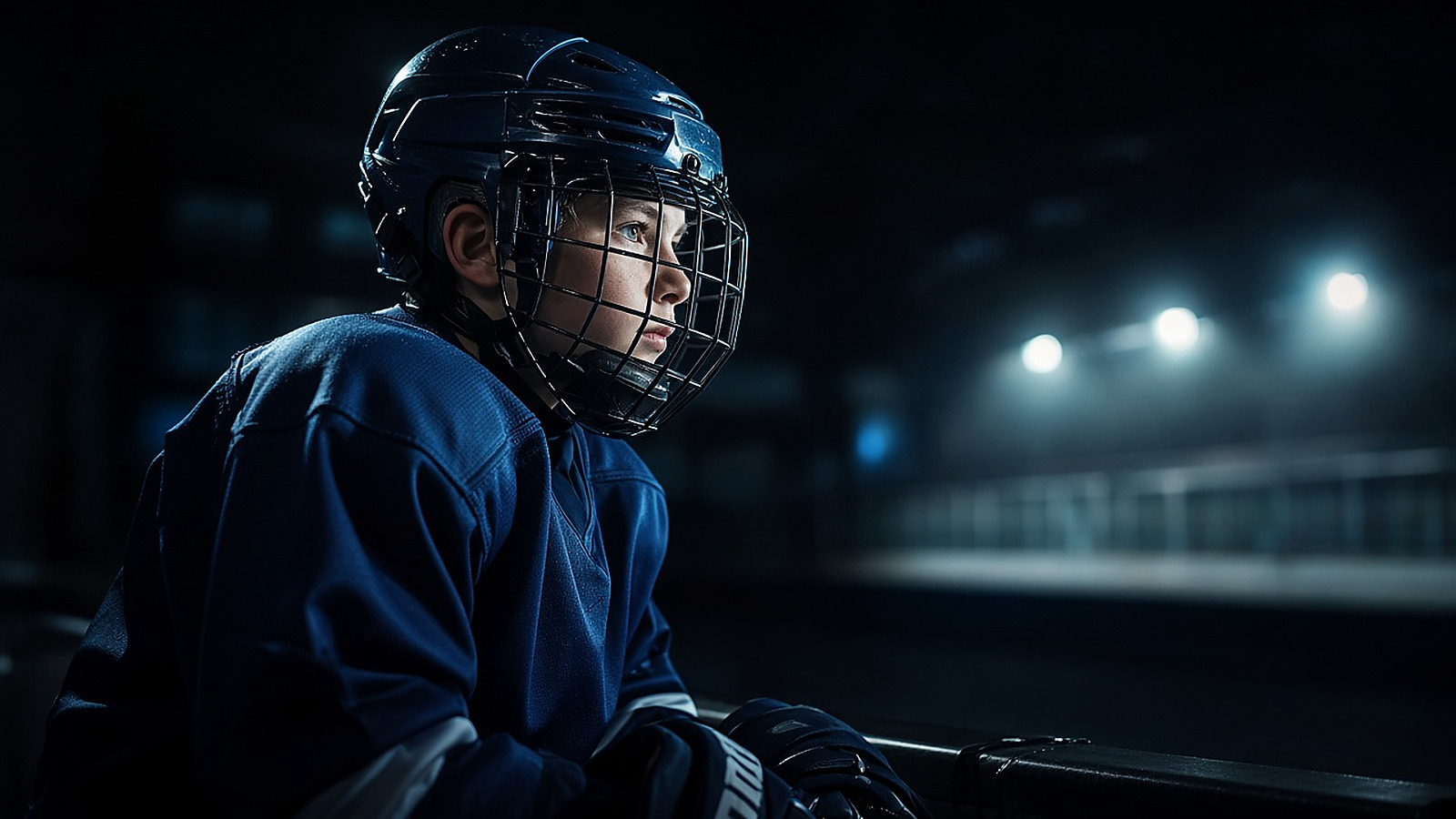 Youth hockey player in full gear, head down at the glass